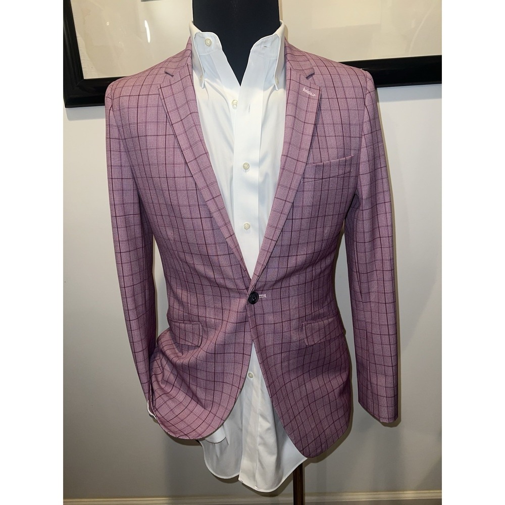 NWT $240 Topman Skinny Men's 40R Maroon Plaid Single Button Blazer Jacket